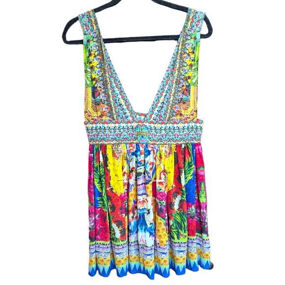 Camilla Deep V Mini Dress Festival Floral Print Beaded Resortwear Size Medium 2 - Picture 3 of 6